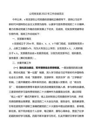 公司党支部2022年工作总结范文含存在问题2023年工作计划思路安排