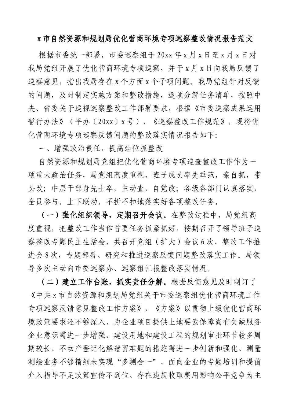 市自然资源和规划局优化营商环境专项巡察整改情况报告范文_第1页