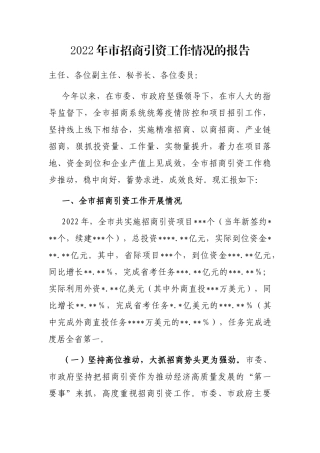 2022年市招商引资工作情况的报告