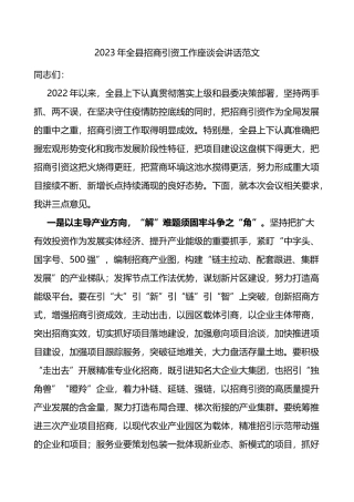 2023年全县招商引资工作座谈会讲话范文