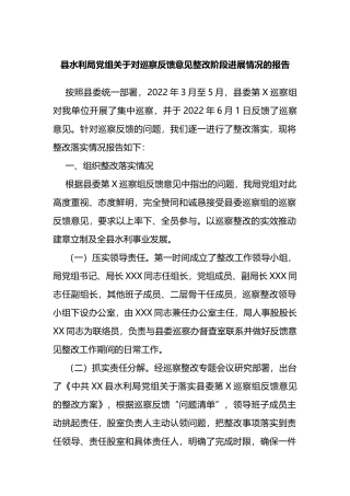 县水利局党组关于对巡察反馈意见整改阶段进展情况的报告