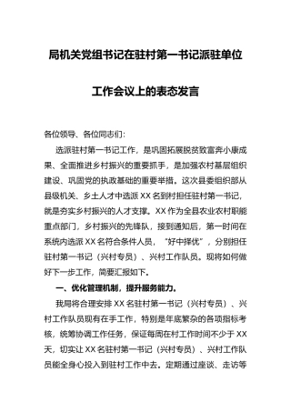 局机关党组书记在驻村第一书记派驻单位工作会议上的表态发言