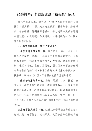 经验材料：全链条建强“领头雁”队伍