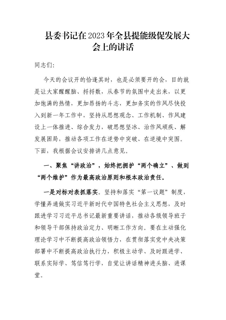 县委书记在2023年全县提能级促发展大会上的讲话_第1页