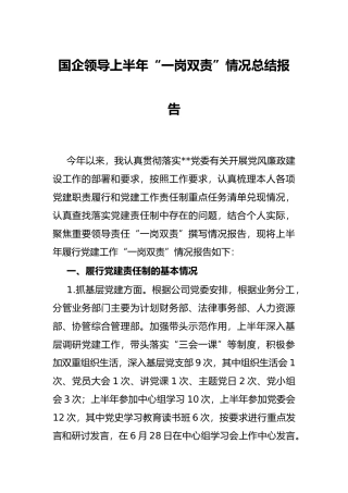 国企领导上半年“一岗双责”情况总结报告
