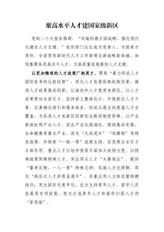聚高水平人才建国家级新区