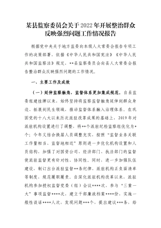 某县监察委员会关于2022年开展整治群众反映强烈问题工作情况报告