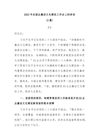 (2篇)2023年在国企廉洁文化建设工作会上的讲话