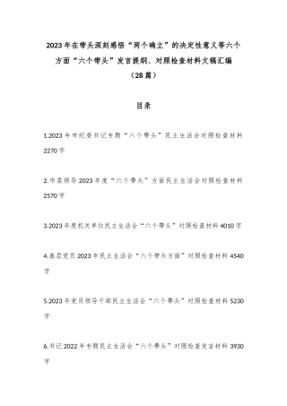 （28篇）2023年在带头深刻感悟“两个确立”的决定性意义等六个方面“六个带头”发言提纲、对照检查材料文稿汇编
