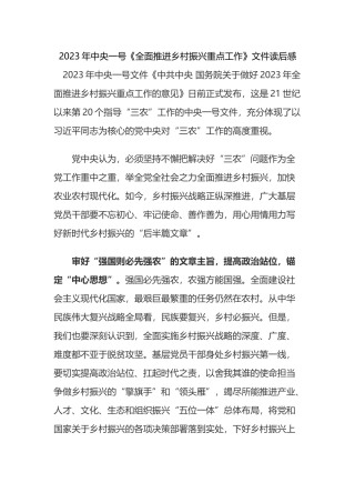 5篇2023年学习中央一号《全面推进乡村振兴重点工作》文件心得体会