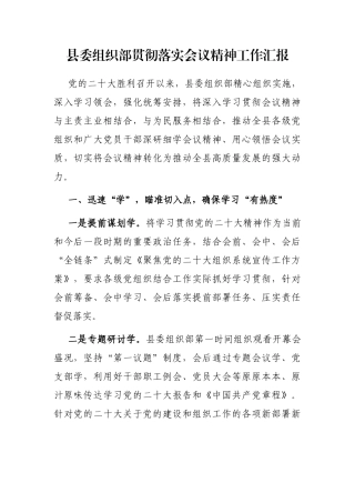 县委组织部贯彻落实会议精神工作汇报