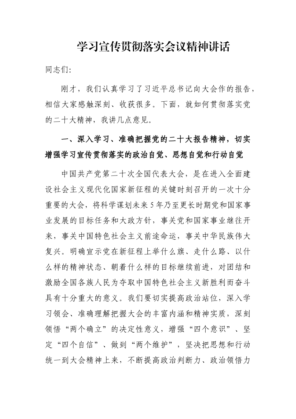 学习宣传贯彻落实会议精神讲话_第1页