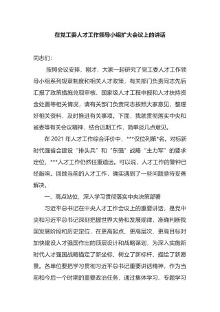 在党工委人才工作领导小组扩大会议上的讲话