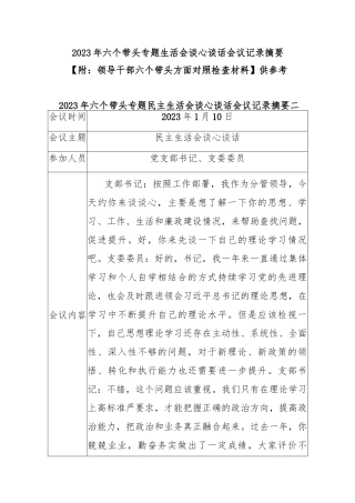 2023年六个带头专题生活会谈心谈话会议记录摘要【附：领导干部六个带头方面对照检查材料】供参考