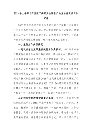 2023年上半年X开发区工委落实全面从严治党主体责任工作汇报