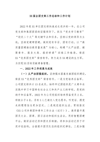 XX国企团支部工作总结和工作计划