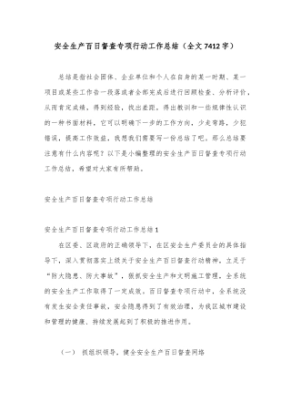 安全生产百日督查专项行动工作总结（全文7412字）