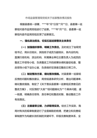 市场监督管理局党组关于巡察整改情况报告