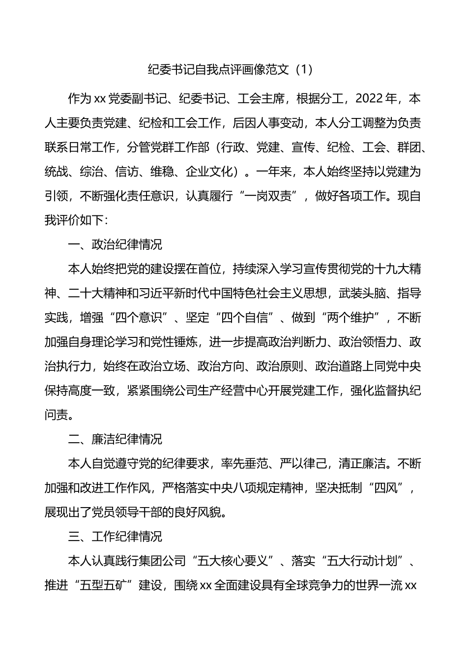 公司纪委书记自我点评画像及为班子成员点评画像5篇_第1页