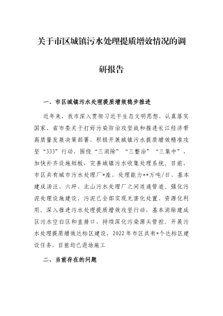 关于市区城镇污水处理提质增效情况的调研报告