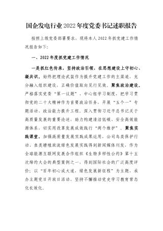 国企发电行业2022年度党委书记述职报告