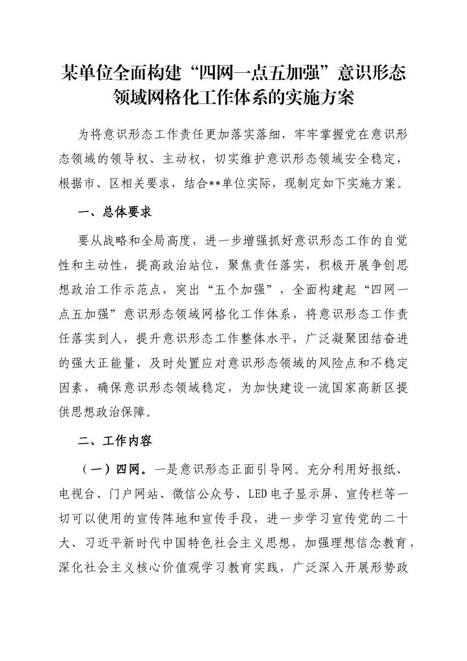 某单位全面构建“四网一点五加强”意识形态领域网格化工作体系的实施方案_第1页