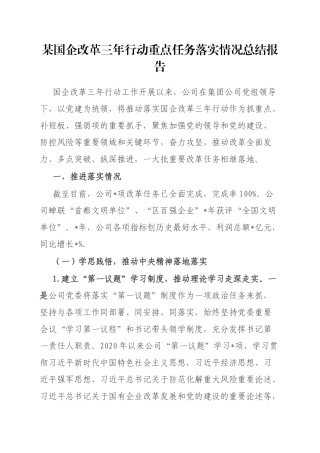 某国企改革三年行动重点任务落实情况总结报告