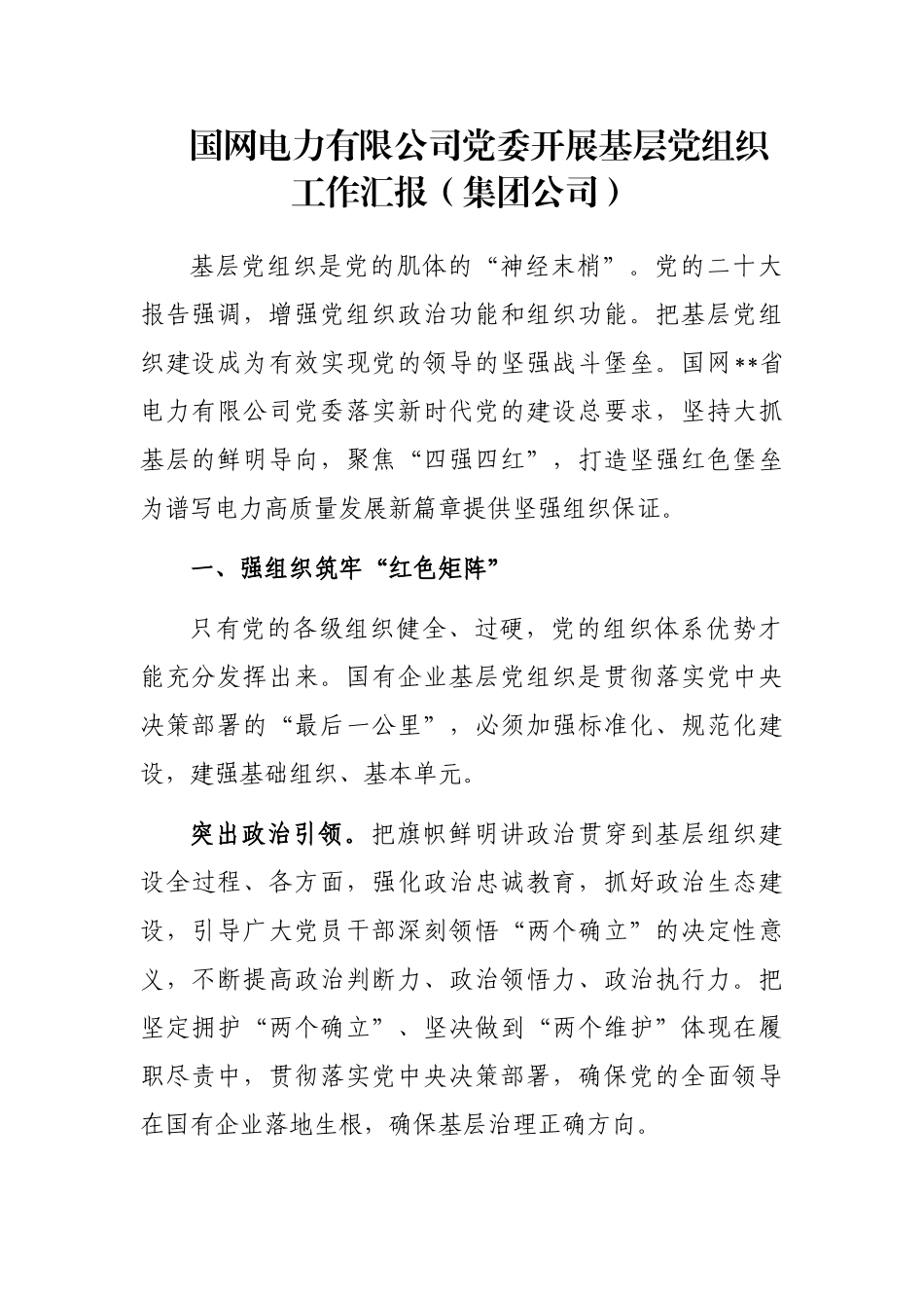 国网电力有限公司党委开展基层党组织工作汇报（集团公司）_第1页
