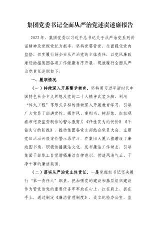 集团党委书记全面从严治党述责述廉报告
