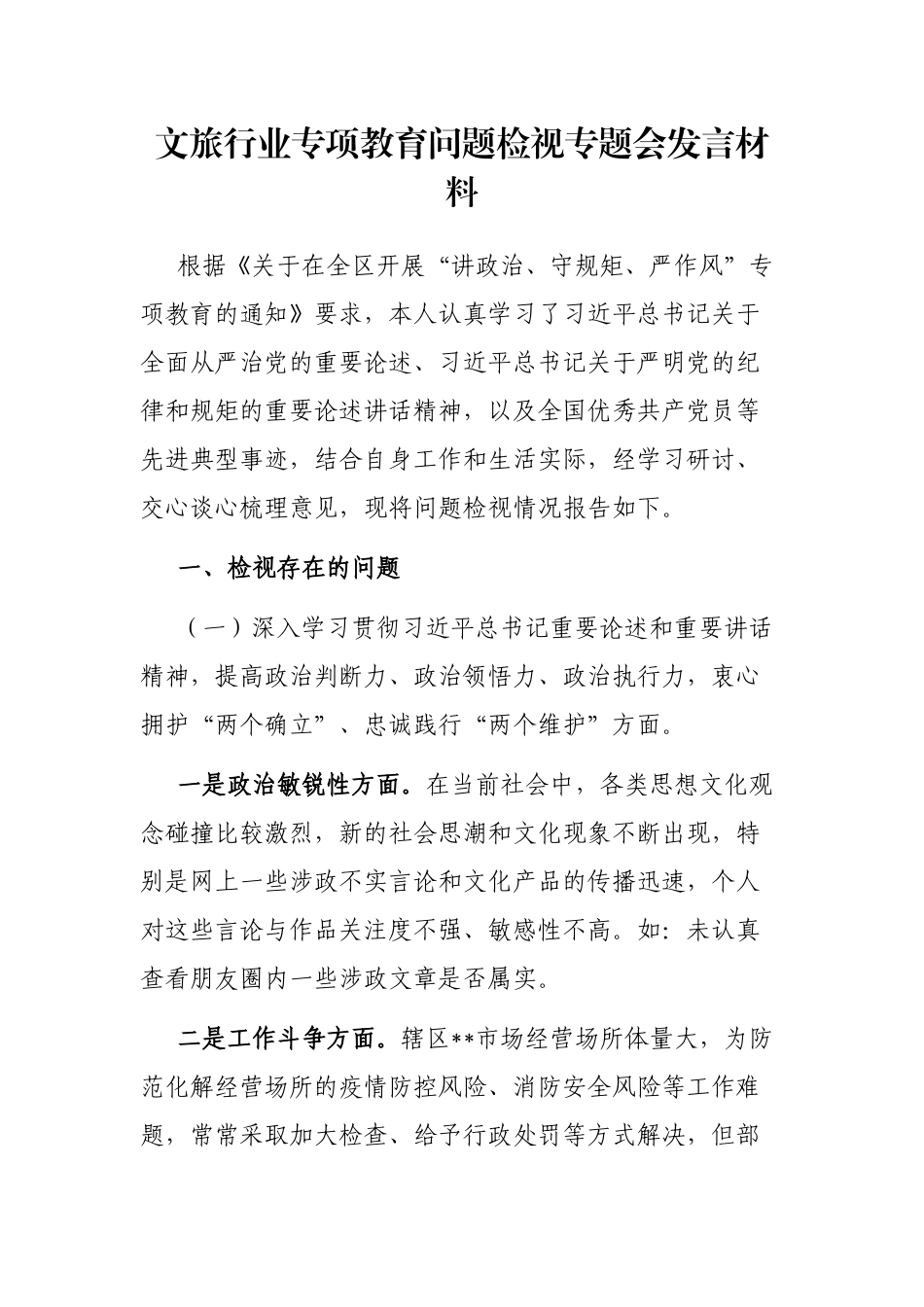文旅行业专项教育问题检视专题会发言材料_第1页