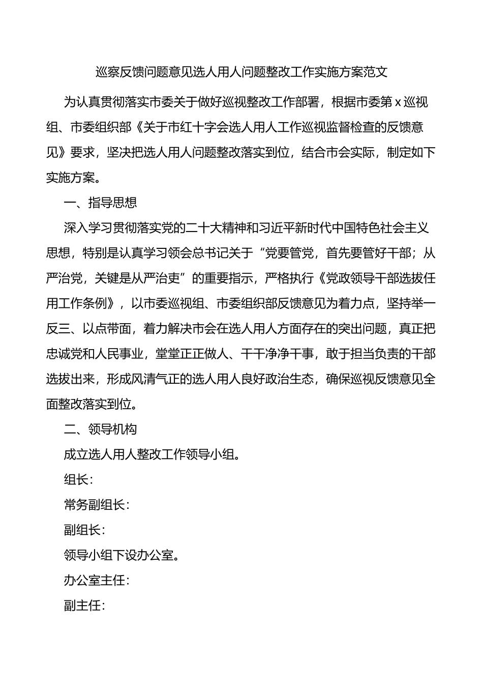巡察反馈问题意见选人用人问题整改工作实施方案范文_第1页