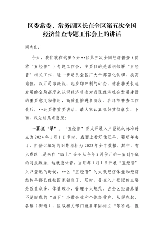 区委常委、常务副区长在全区第五次全国经济普查专题工作会上的讲话