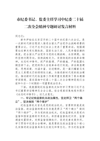 市纪委书记、监委主任学习中纪委二十届二次全会精神专题研讨发言材料