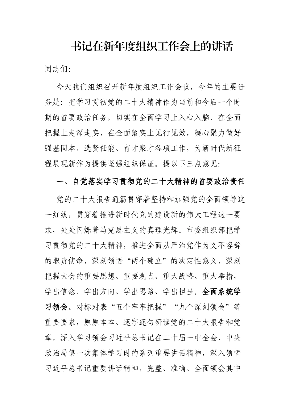 书记在新年度组织工作会上的讲话_第1页