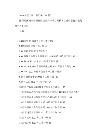 2023年度工作计划汇编（19篇）医保局区城市管理行政执法局中学县科技和工业信息化局县退役军人事务局
