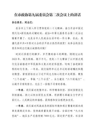 在市政协第九届委员会第二次会议上的讲话