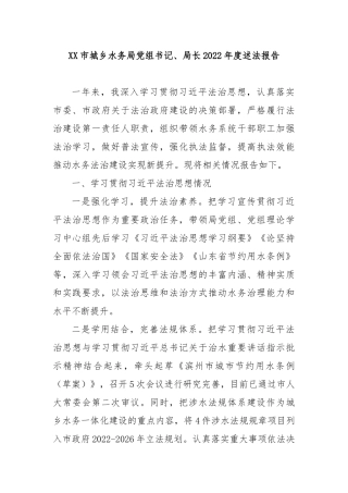 XX市城乡水务局党组书记、局长2022年度述法报告