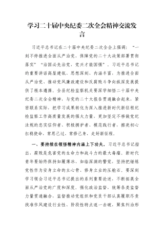 学习二十届中央纪委二次全会精神交流发言