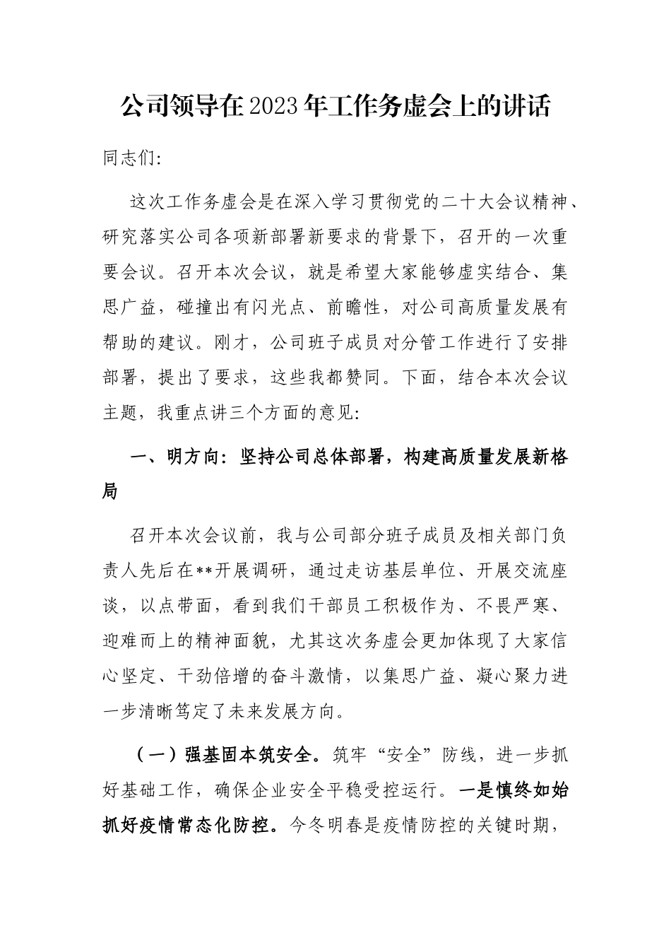 公司领导在2023年工作务虚会上的讲话_第1页