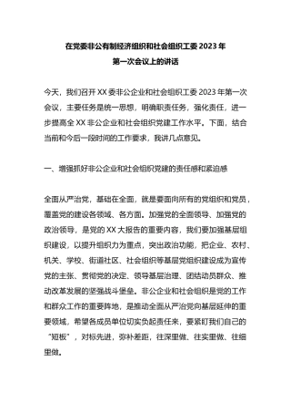 在党委非公有制经济组织和社会组织工委2023年第一次会议上的讲话