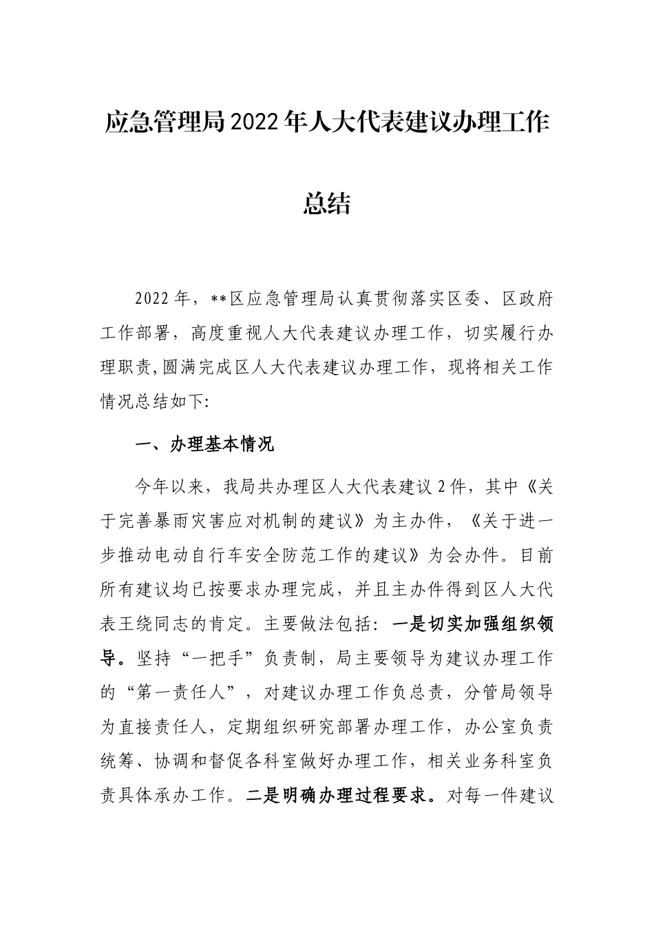应急管理局2022年人大代表建议办理工作总结_第1页