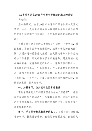 XX市委书记在2023年中青年干部培训班上的讲话