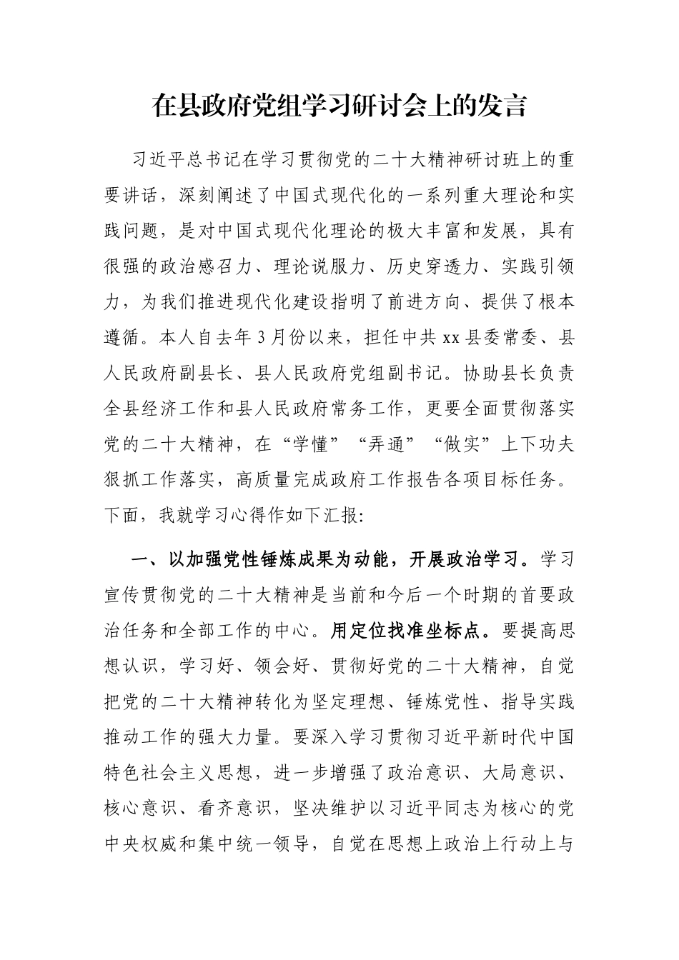 在县政府党组学习研讨会上的发言_第1页