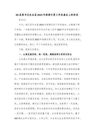 XX县委书记在全县2023年招商引资工作务虚会上的讲话