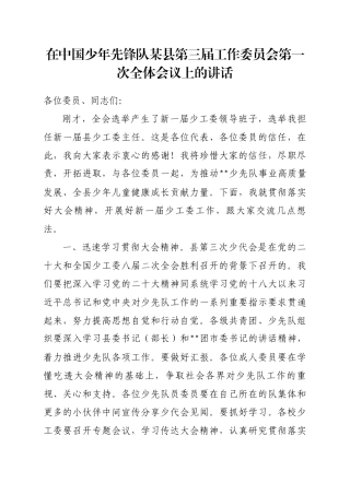 在中国少年先锋队某县第三届工作委员会第一次全体会议上的讲话
