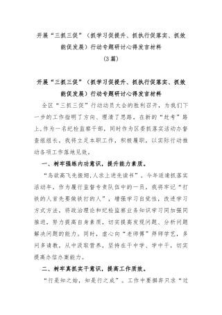 (3篇)开展“三抓三促”（抓学习促提升、抓执行促落实、抓效能促发展）行动专题研讨心得发言材料