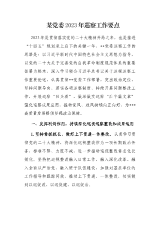 某党委2023年巡察工作要点