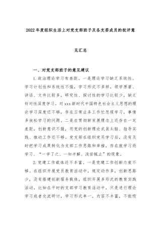 2023年度组织生活上对党支部班子及各支委成员的批评意见汇总