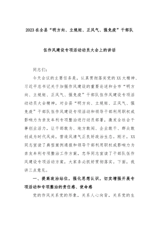 2023在全县“明方向、立规矩、正风气、强免疫”干部队伍作风建设专项活动动员大会上的讲话
