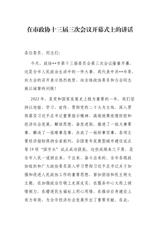 在市政协十三届三次会议开幕式上的讲话